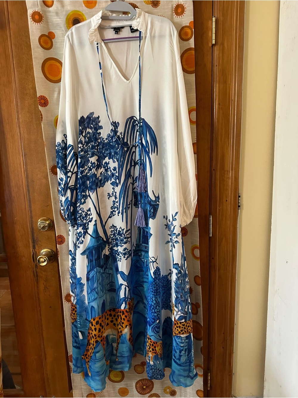 Desigual (Stella Jean) White Maxi Dress with Blue Scenic Print and Tassels